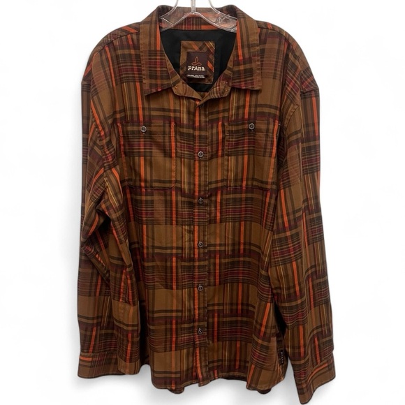 Prana Men's Brown Orange Plaid Stratford Flannel Long Sleeve Shirt Size XXL - Picture 1 of 13